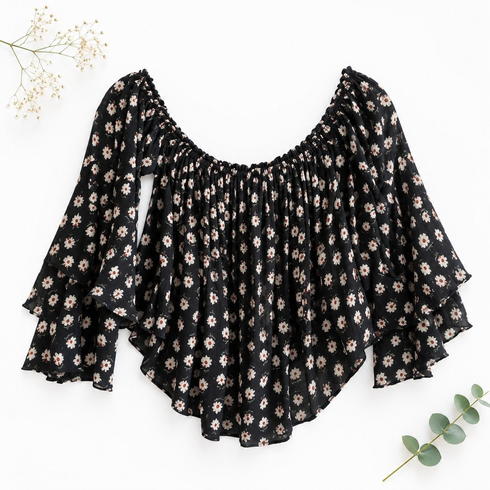 Billabong Blouse Women Medium Black Floral Off Shoulder Tiered Bell Sleeve Boho